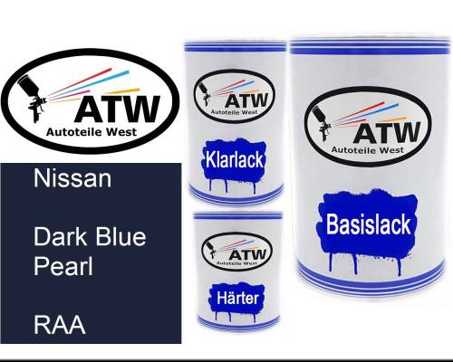 Nissan, Dark Blue Pearl, RAA: 500ml Lackdose + 500ml Klarlack + 250ml Härter - Set, von ATW Autoteile West.